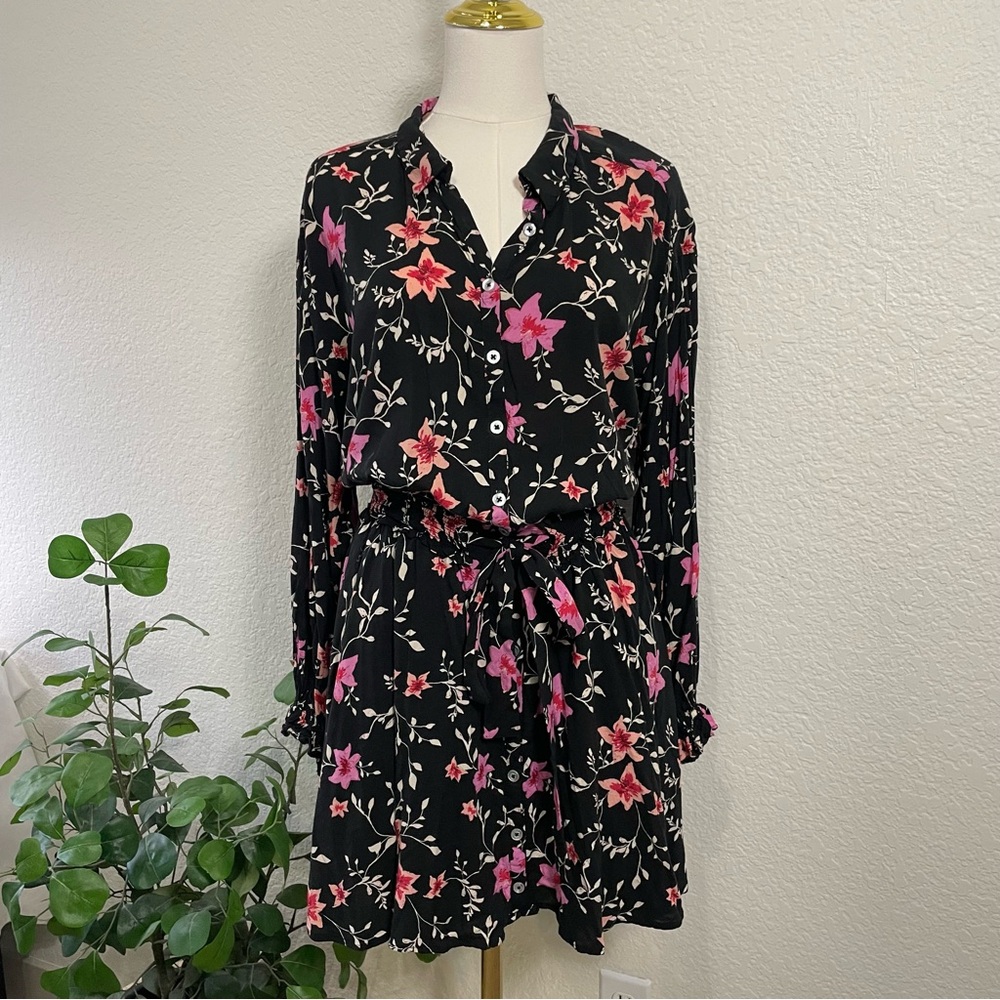 Free People Floral Print Button-Front Long Sleeve Mini Dress – Women’s Medium